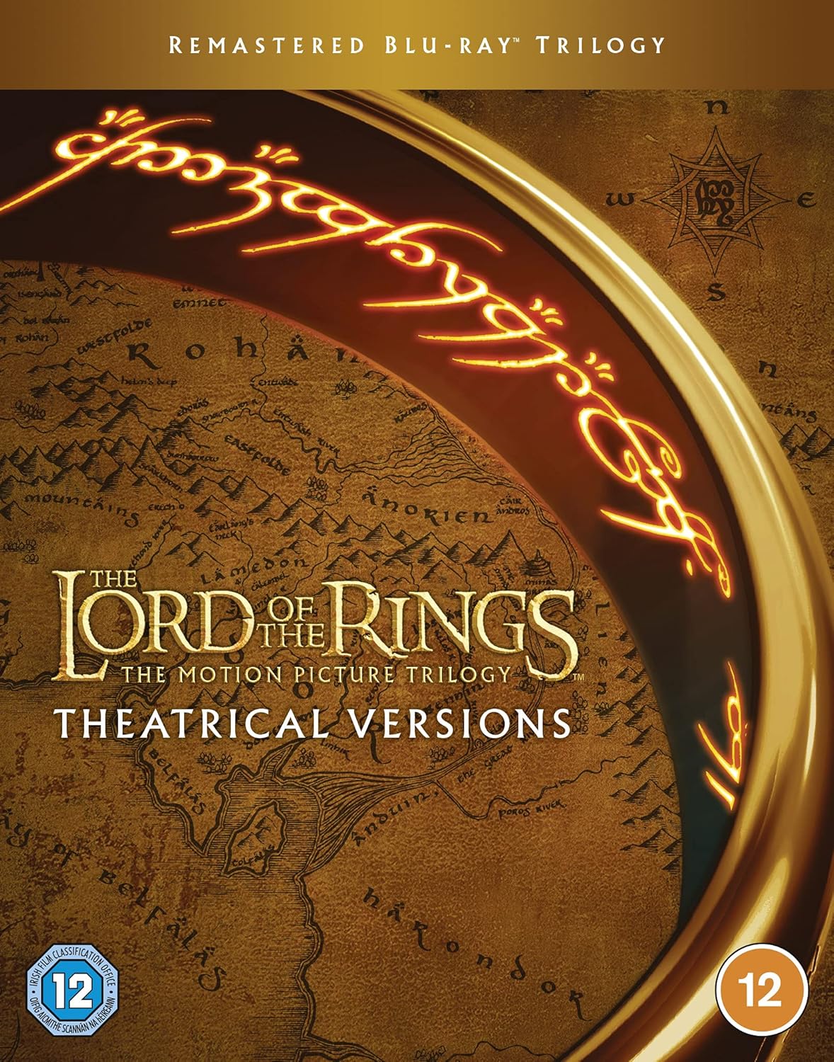 Blu-ray box set for 'The Lord of the Rings' motion picture trilogy with map and ring design.