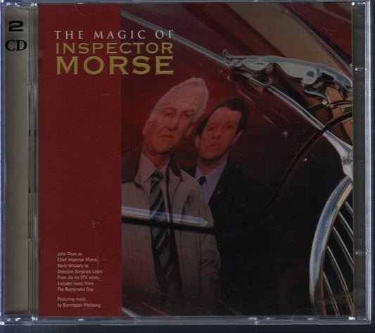 CD album cover for 'The Magic of Inspector Morse' on a 2-CD set, featuring a red and black vintage car background with two men in suits and a gold title.