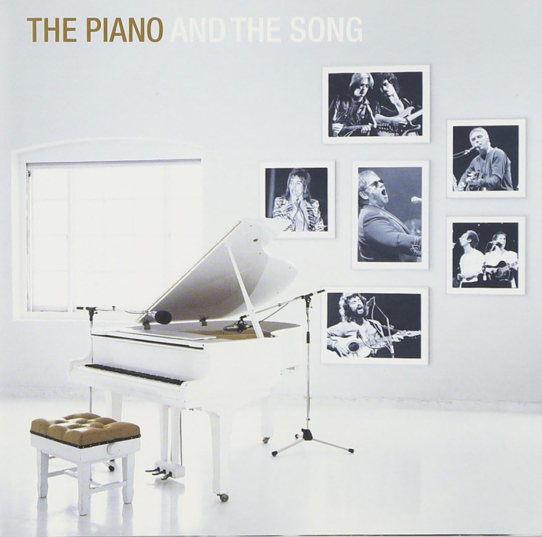 Piano with music stand and stool in a room with framed black and white photos on the wall, titled 'The Piano and The Song'.