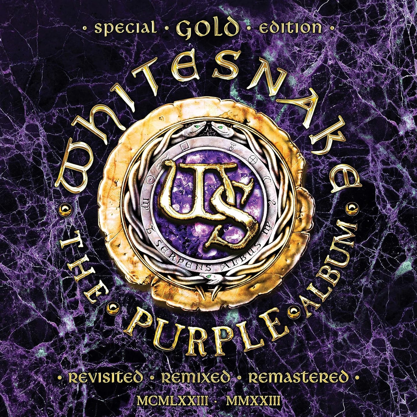 White Snake 'The Purple Album' Special Gold Edition cover art, featuring a central gold circular emblem with a purple and gold 'WS' monogram on a dark purple marble-textured background.