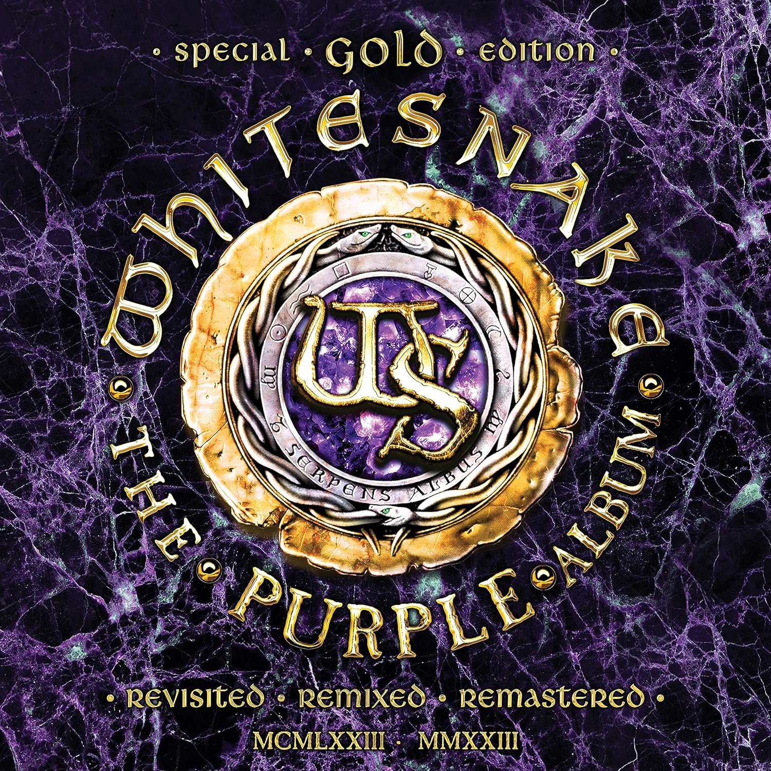 White Snake 'The Purple Album' Special Gold Edition cover art, featuring a central gold circular emblem with a purple and gold 'WS' monogram on a dark purple marble-textured background.