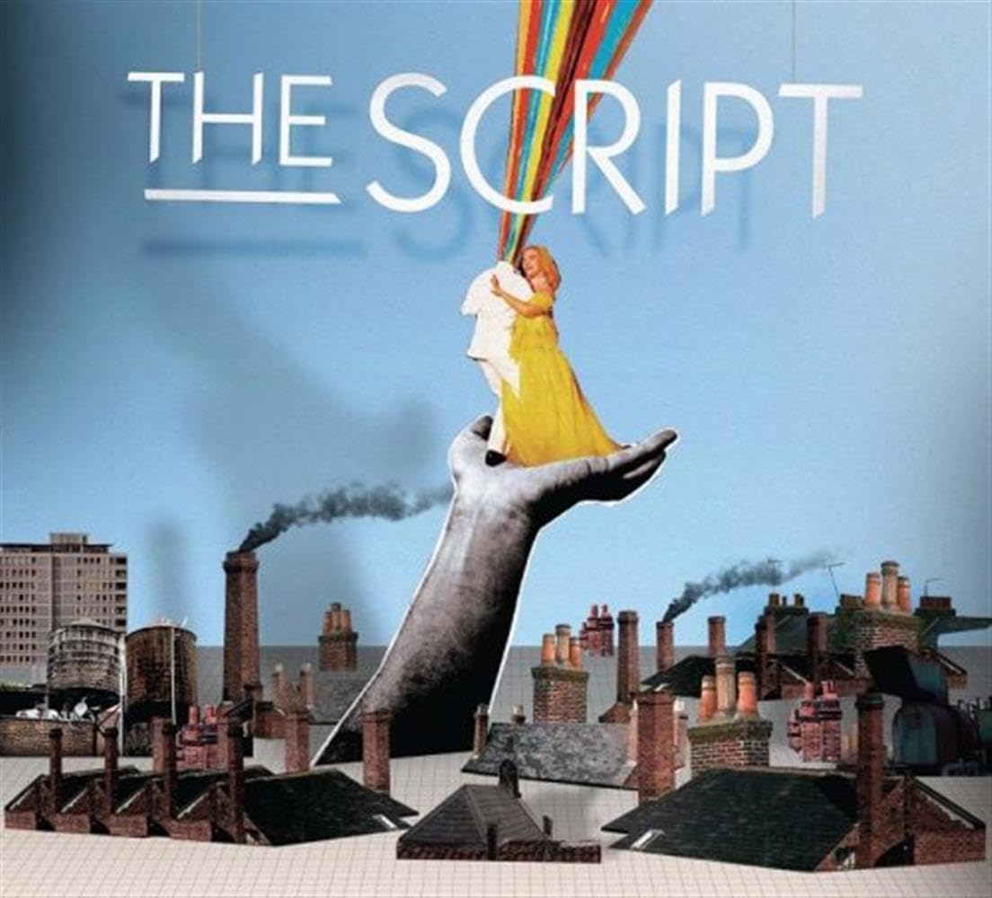 Album cover with 'The Script' text, a hand holding a colorful balloon, and a cityscape background.