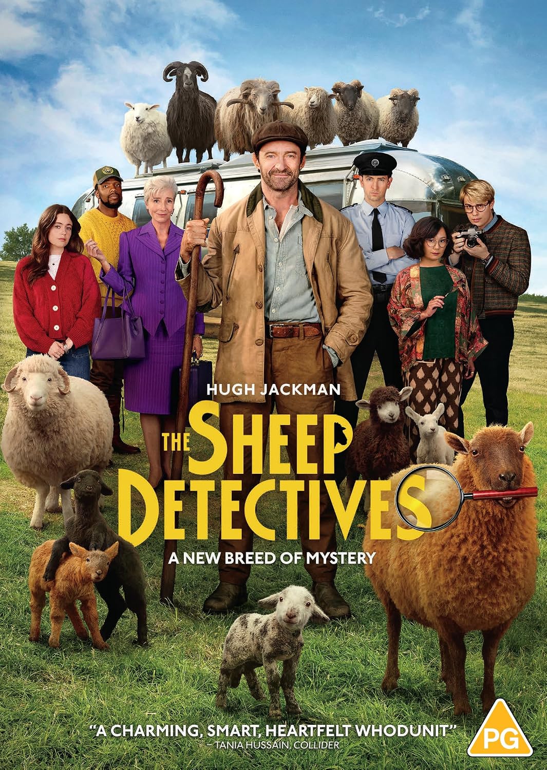 The Sheep Detectives movie poster featuring Hugh Jackman standing in a grassy field with a staff, surrounded by various sheep and people, with the title 'The Sheep Detectives' in large yellow letters.