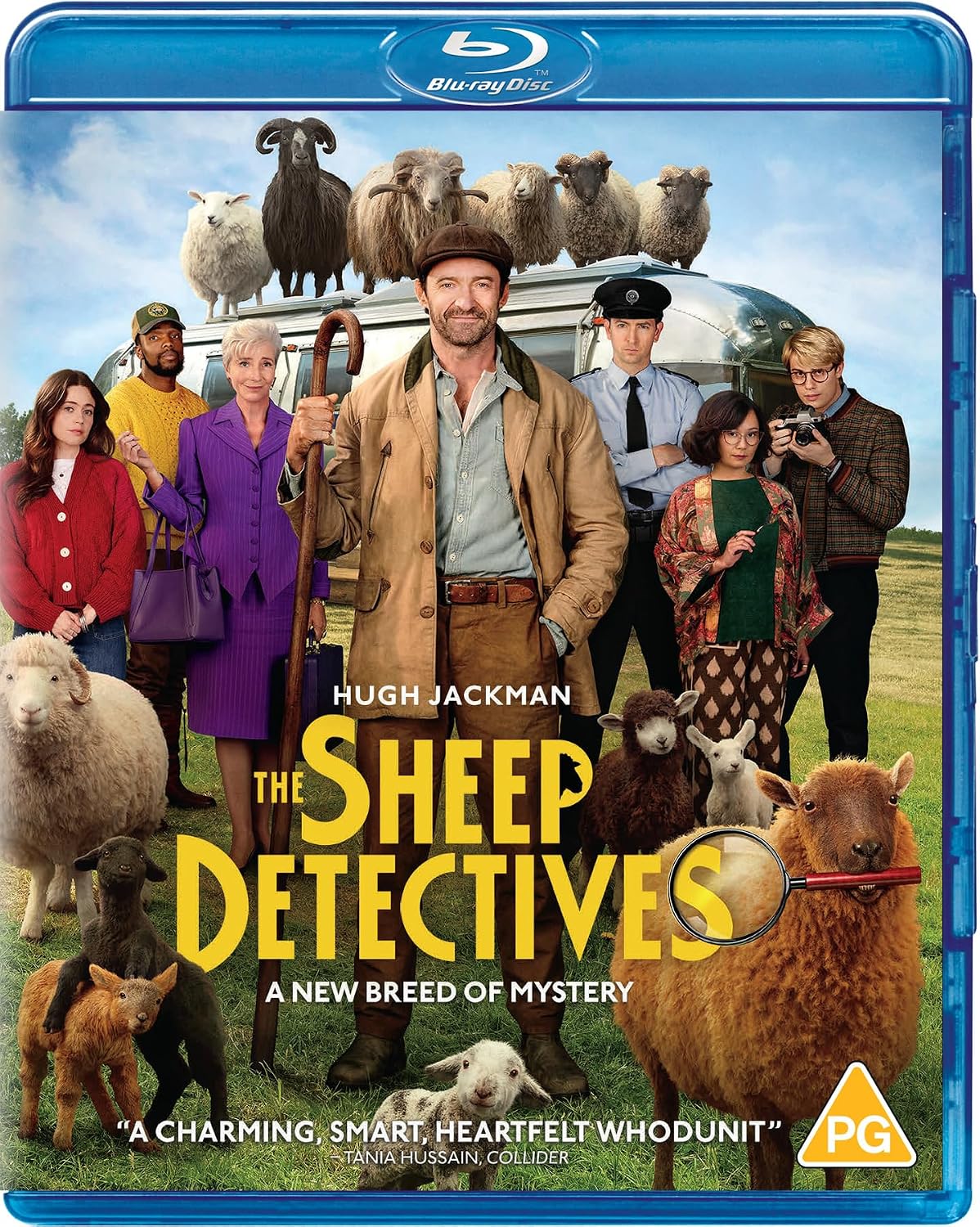 Blu-ray movie cover for The Sheep Detectives, featuring Hugh Jackman standing in a field with sheep around him, a silver van, and several people in the background. The title is displayed in large yellow text, with a Blu-ray Disc logo at the top and a PG rating icon at the bottom right.