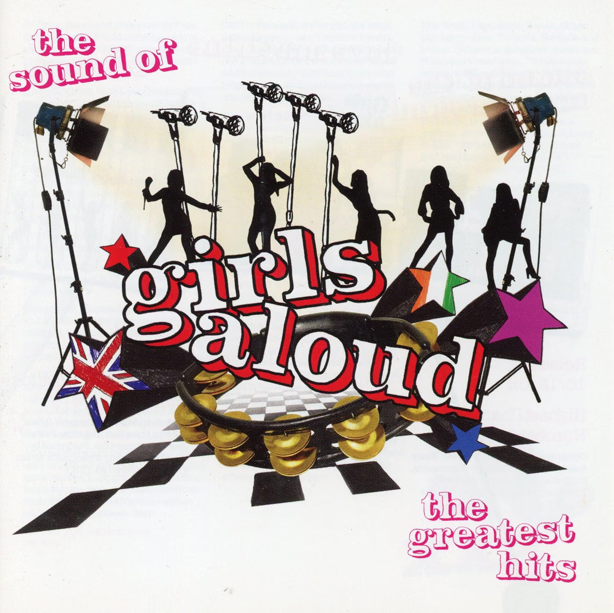 Album cover for 'the sound of girls aloud the greatest hits' featuring black silhouettes of female singers, studio lights, microphones, stars, and a checkered floor on a white background.