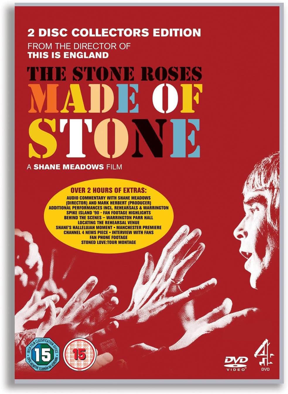 DVD cover for 'The Stone Roses Made of Stone' 2 Disc Collectors Edition, featuring a bold red background with large multicolored title text, white hand graphics, a black-and-white band member portrait, and age rating logos.