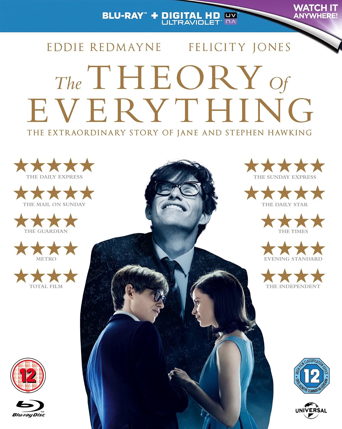 Blu-ray cover for the movie 'The Theory of Everything' featuring Eddie Redmayne and Felicity Jones, with multiple review stars and logos including Blu-ray and Universal.