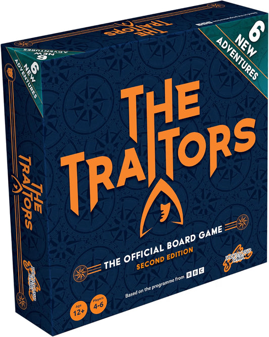 The Traitors Second Edition official board game box, featuring a dark navy blue background with orange lettering and a compass rose pattern, with a green corner banner reading '6 NEW ADVENTURES'.