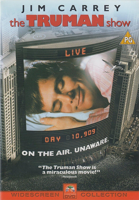 DVD cover of 'The Truman Show' with a large TV screen showing Jim Carrey's face.