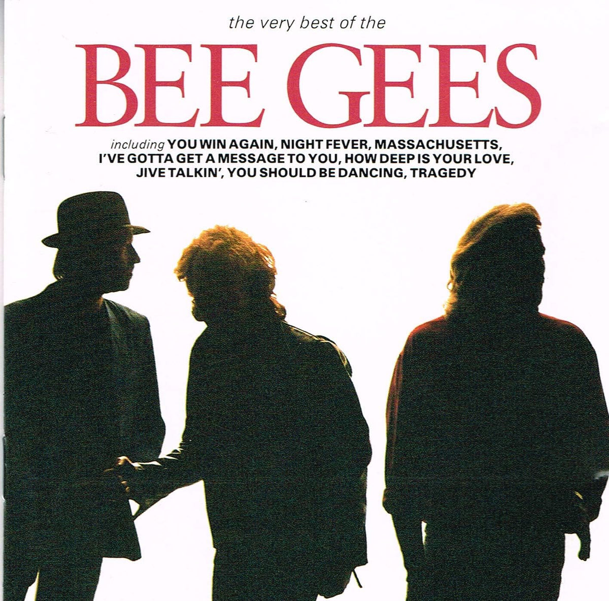 Album cover of the Bee Gees featuring silhouettes of three people against a white background.