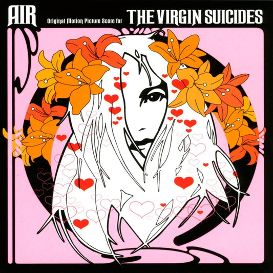 Album cover for 'The Virgin Suicides' by AIR with stylized illustration of a woman with flowers and hearts.