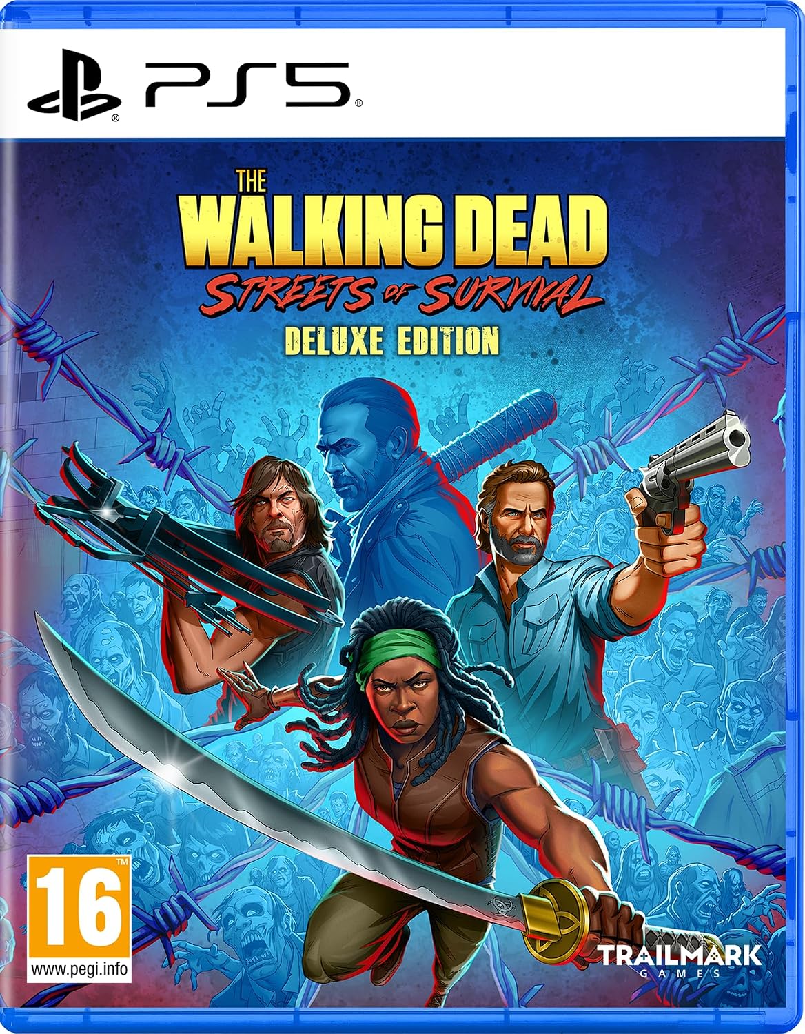 PS5 game case cover for The Walking Dead: Streets of Survival Deluxe Edition, featuring illustrated characters, a blue-toned zombie background, PS5 branding at the top, a PEGI 16 rating at bottom left, and Trailmark at bottom right.