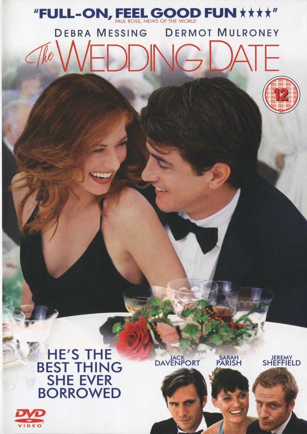 DVD cover for the movie 'The Wedding Date' featuring Debra Messing and Dermot Mulroney in a wedding dress and tuxedo, with cast names, a 12 rating logo, and a DVD Video logo.