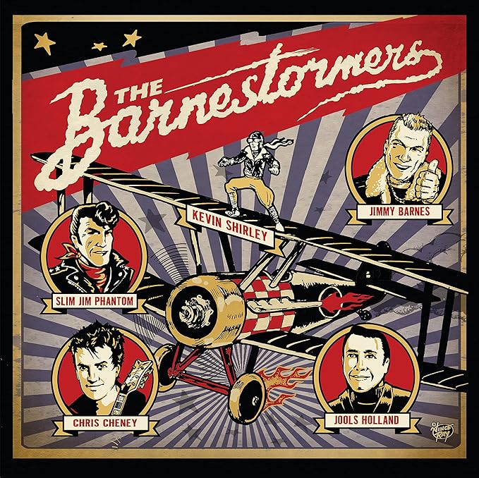 Album cover for 'The Barnestoners' featuring portraits of band members and a vintage airplane.