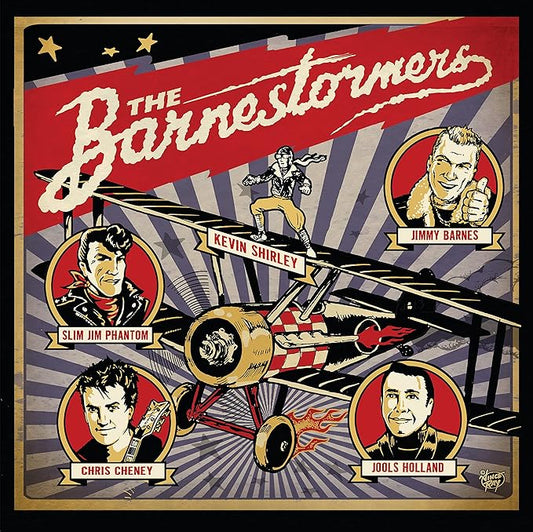 Album cover for 'The Barnestoners' featuring portraits of band members and a vintage airplane.