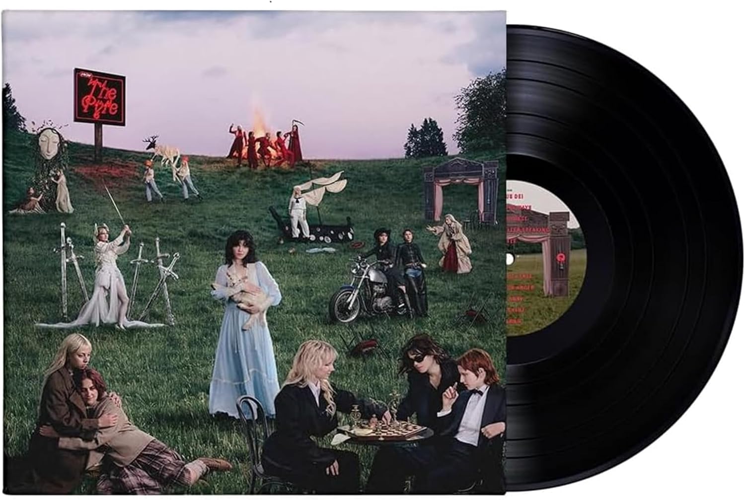 Vinyl record with a colorful album cover featuring people in a field and a motorcycle.