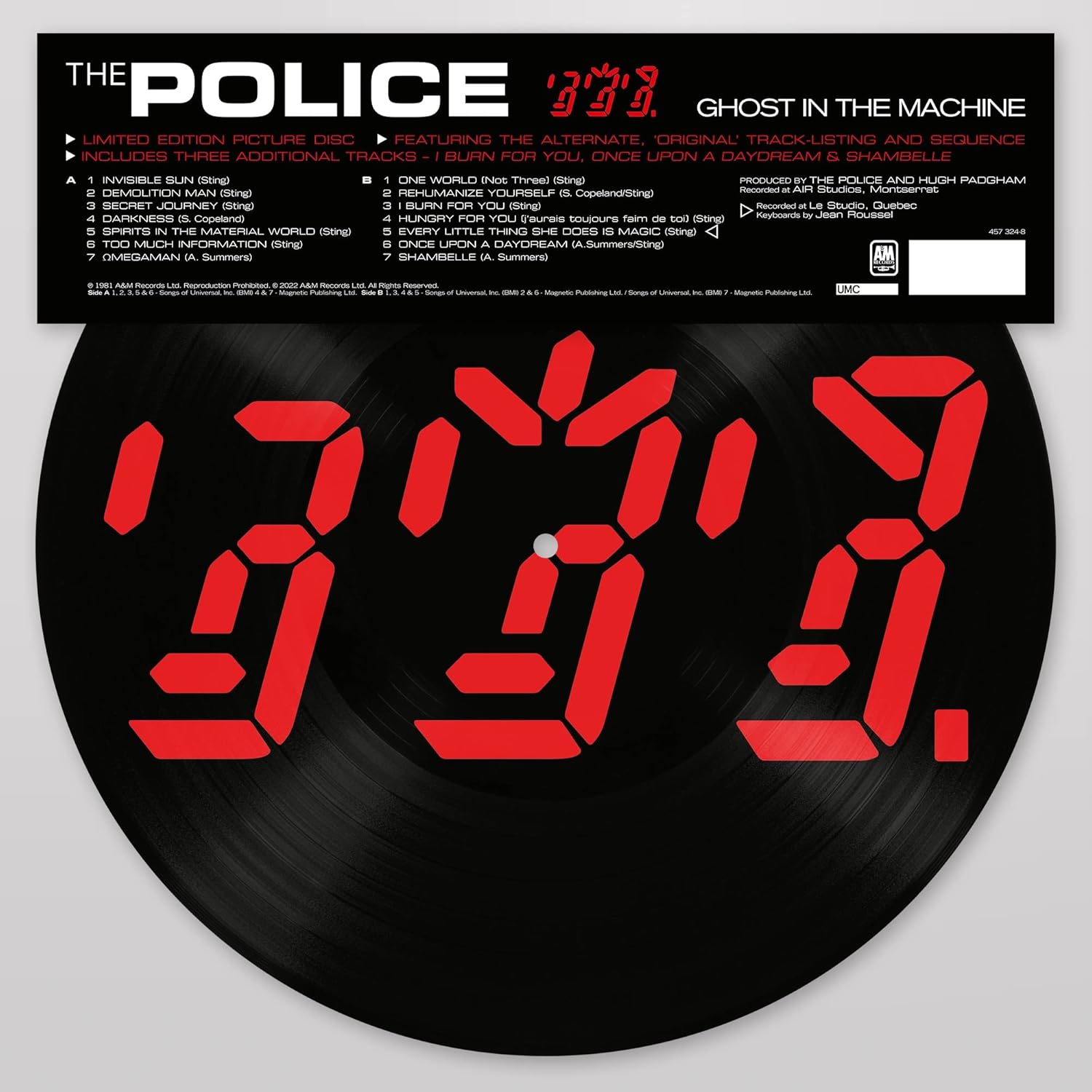 The Police 'Ghost In The Machine' vinyl record with red and white tracklisting on a black background.