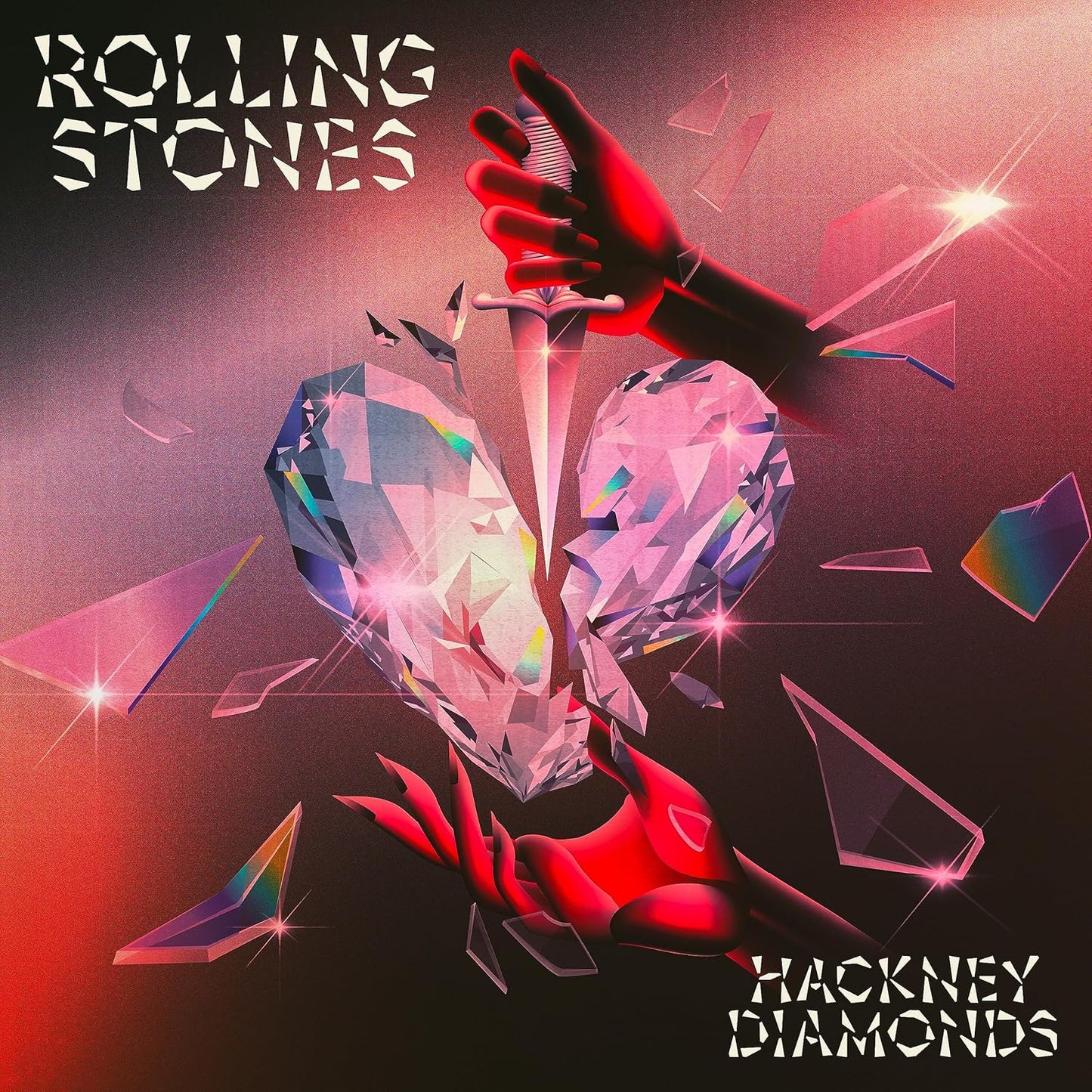 The image features the album cover for "The Rolling Stones Hackney Diamonds (Vinyl) LP." The artwork is striking with a large, heart-shaped diamond at the center, illuminated in a vibrant pink hue.