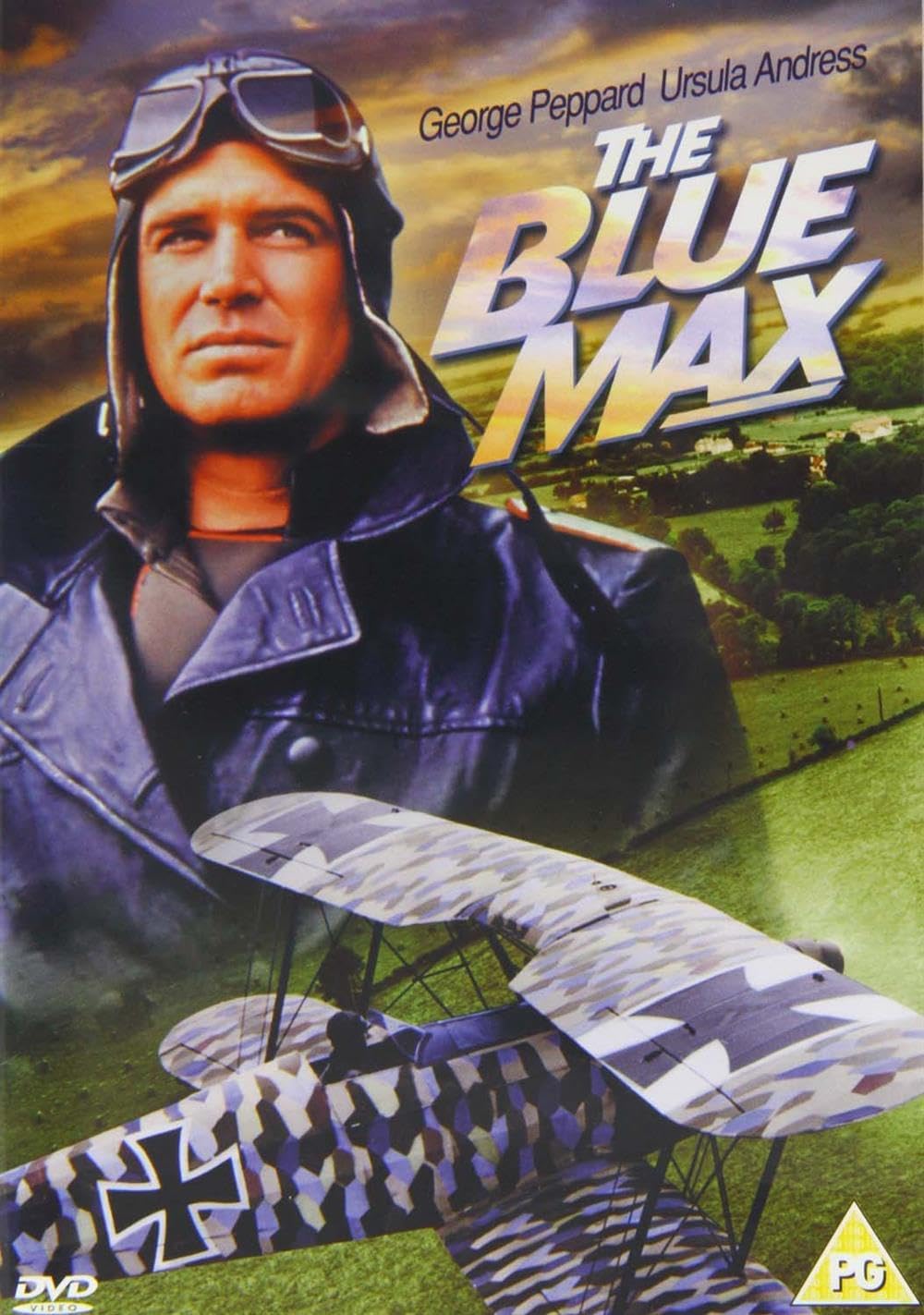 The Blue Max DVD cover featuring George Peppard as a World War II flying ace in a dark blue leather flight jacket with goggles, set against a green field background with a vintage biplane in the foreground.