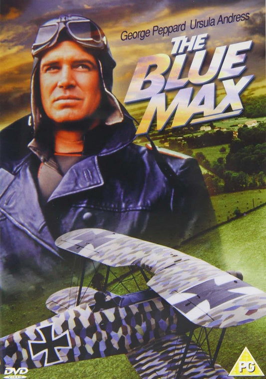 The Blue Max DVD cover featuring George Peppard as a World War II flying ace in a dark blue leather flight jacket with goggles, set against a green field background with a vintage biplane in the foreground.