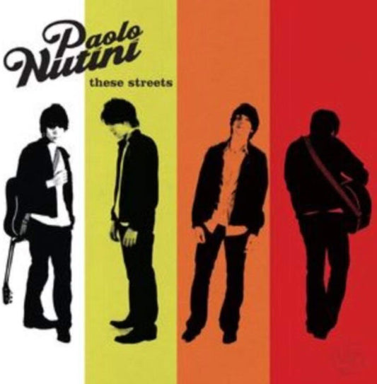 Album cover for Paolo Nutini's 'these streets', featuring four black silhouettes of the artist against vertical stripes of white, yellow-green, orange, and red.