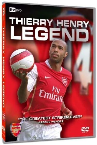 DVD cover for 'Thierry Henry Legend' featuring a photo of Thierry Henry in an Arsenal red jersey holding a soccer ball, with Arsenal and ITV branding.