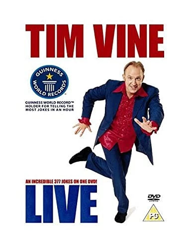 DVD cover for Tim Vine's live performance titled 'Live', featuring a photo of the comedian in a blue suit and red shirt running forward, with large red and blue text on a white background and a Guinness World Records badge.