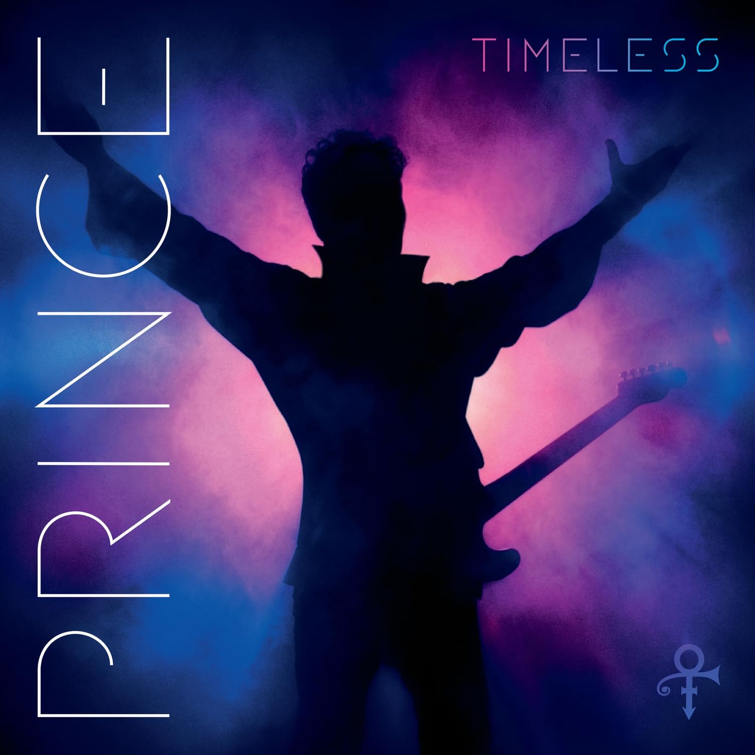 Album cover with silhouette of a person holding a guitar against a purple and blue gradient background, featuring the text 'PRINCE' and 'TIMELESS'.