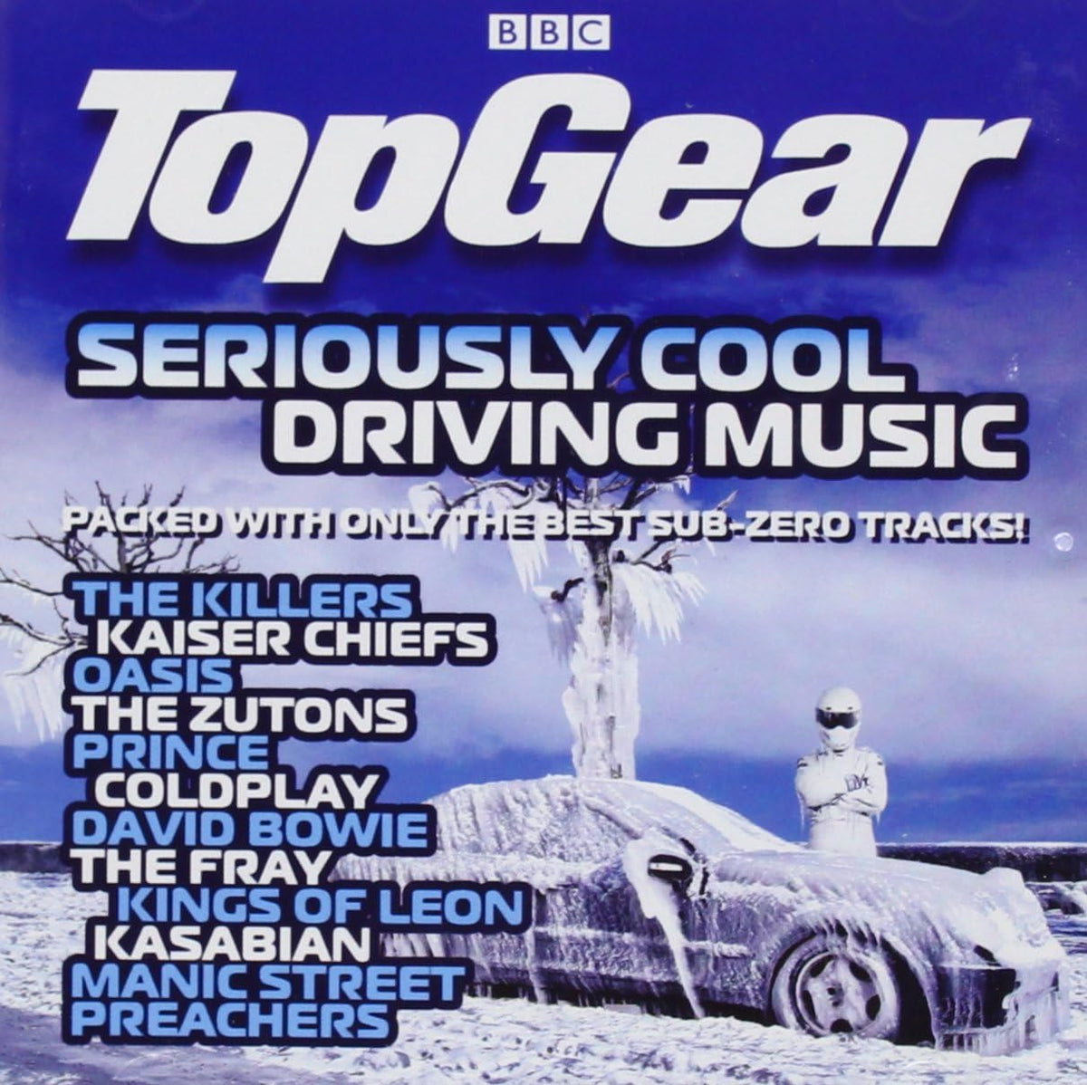 Album cover for 'TopGear Seriously Cool Driving Music' featuring a frozen car and person against a snowy background.