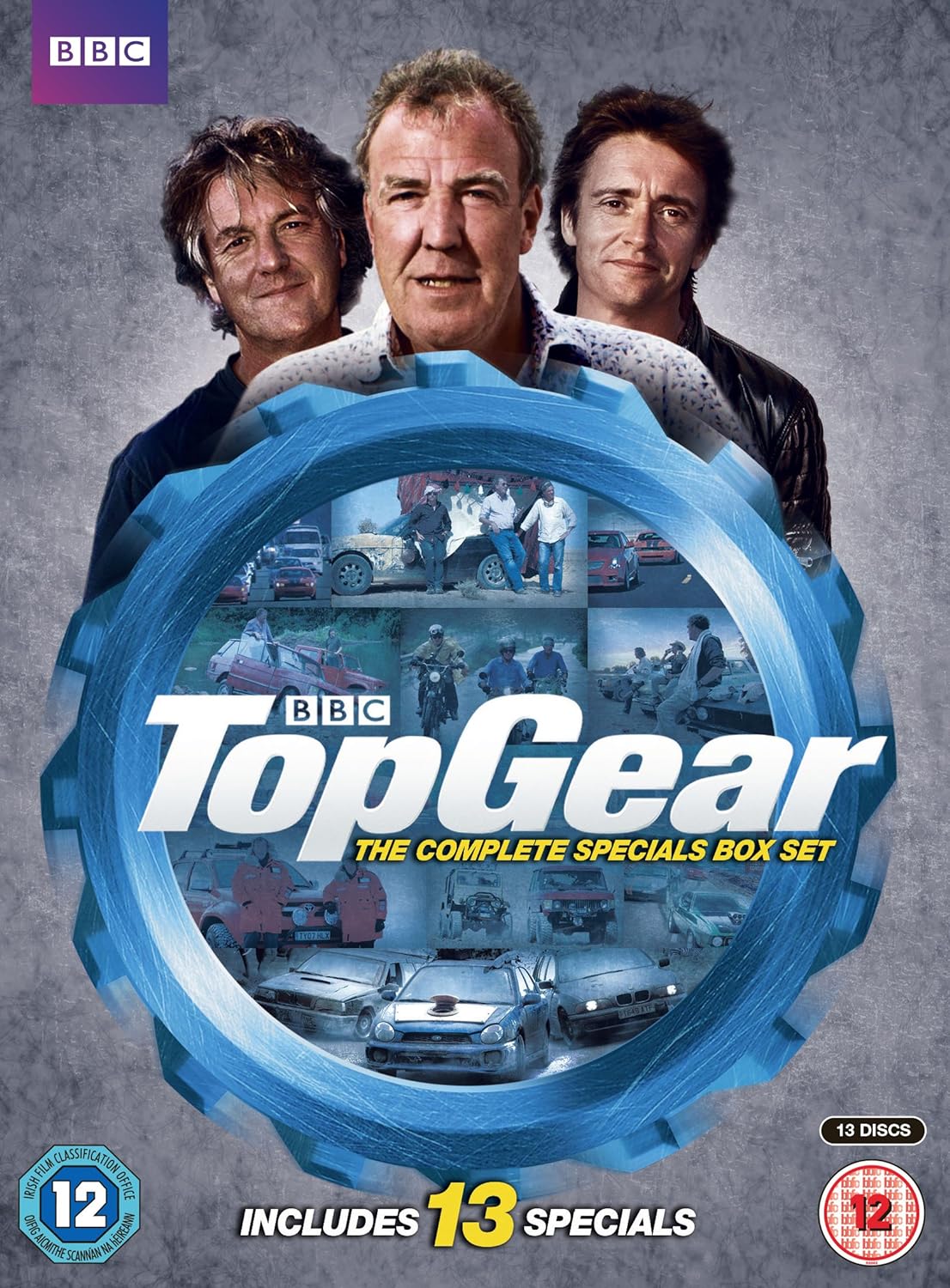 DVD cover for 'Top Gear - The Complete Specials' featuring images of the presenters Jeremy Clarkson, Richard Hammond, and James May with a blue background, surrounded by various vehicles and a mechanic tool.