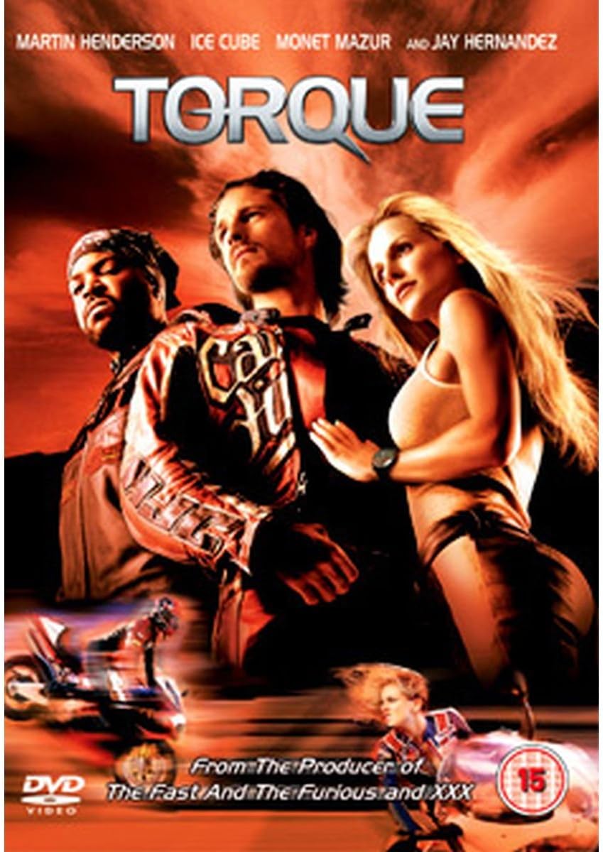 Movie cover art for 'Torque' featuring Martin Henderson, Ice Cube, Monet Mazur, and Jay Hernandez against a fiery red-orange sky background, with the title 'TORQUE' in large metallic letters at the top.