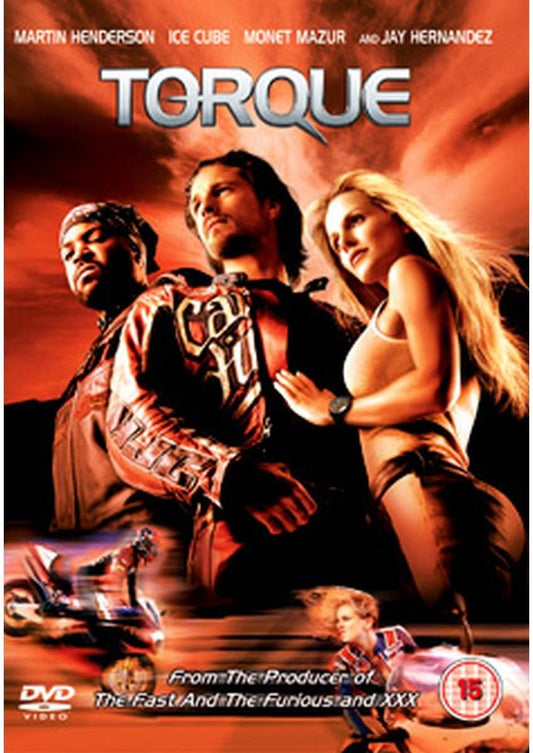 Movie cover art for 'Torque' featuring Martin Henderson, Ice Cube, Monet Mazur, and Jay Hernandez against a fiery red-orange sky background, with the title 'TORQUE' in large metallic letters at the top.