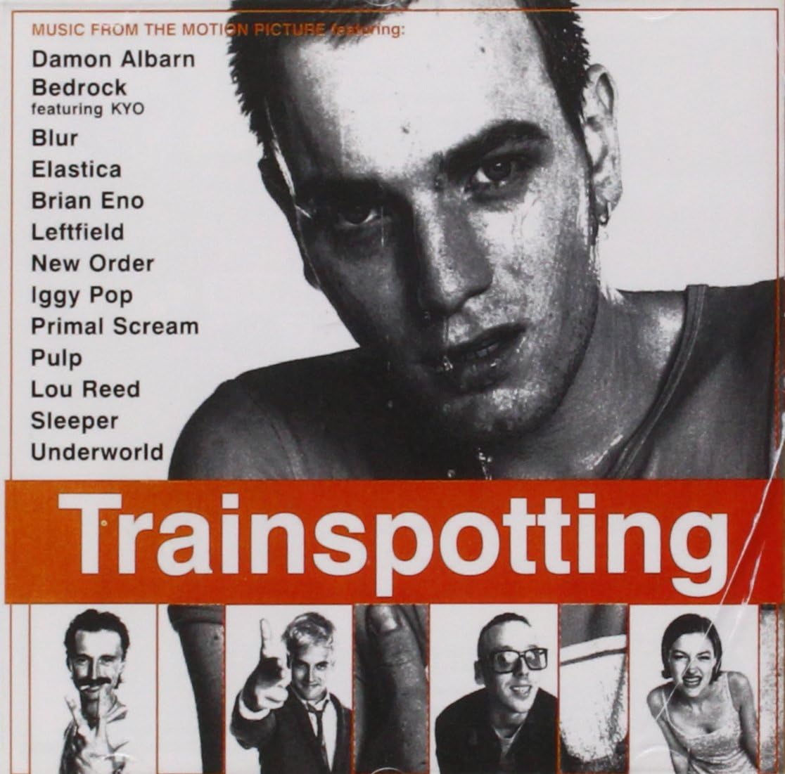 Album cover for 'Trainspotting' featuring a black and white portrait of a man and a list of artists.