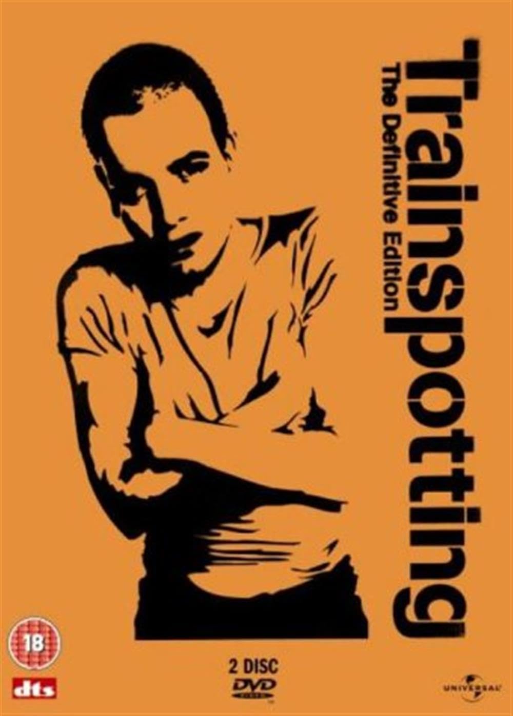 Trainspotting: The Definitive Edition DVD cover, featuring a high-contrast black graphic of a man on a solid orange background with bold black title text.