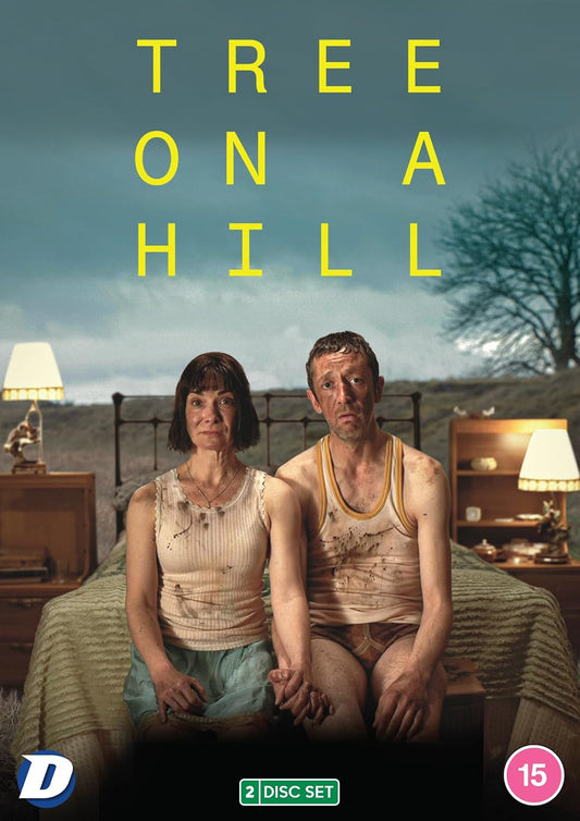 Movie poster for 'Tree on a Hill' showing a distressed couple sitting on a bed in a dimly lit bedroom, with large yellow title text above and a dark tree silhouette in the background.