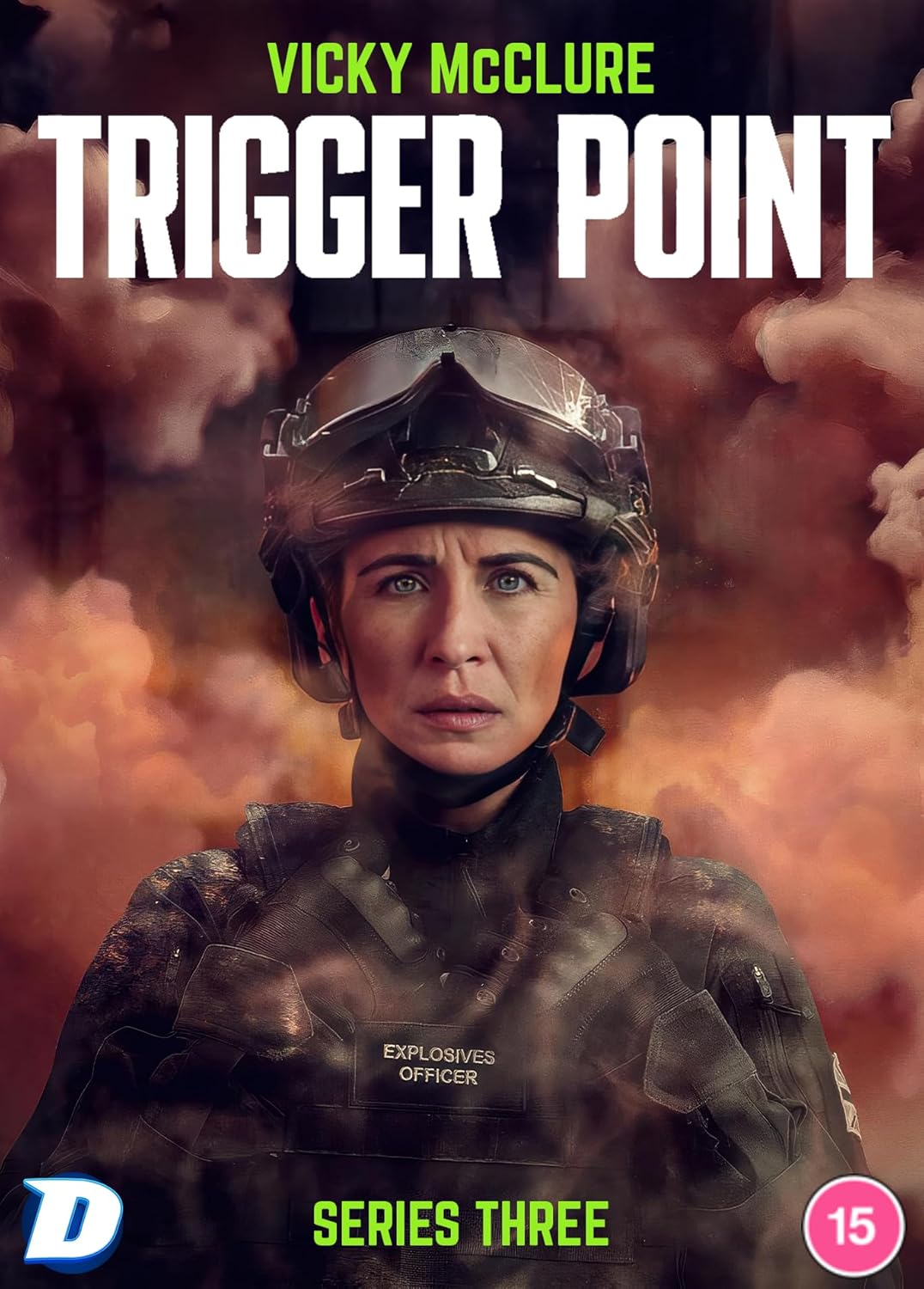 Poster of 'Trigger Point' with a character in military gear against a smoke-filled background