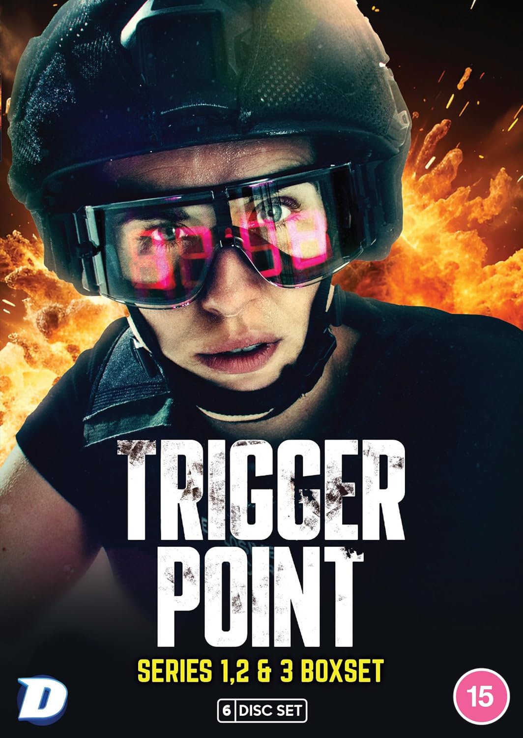 Movie poster for 'Trigger Point' with a person wearing a helmet and goggles against an explosion background.