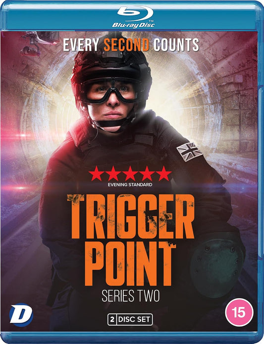 Blu-ray cover of 'Trigger Point' Series Two with a person in tactical gear and British flag sleeve.