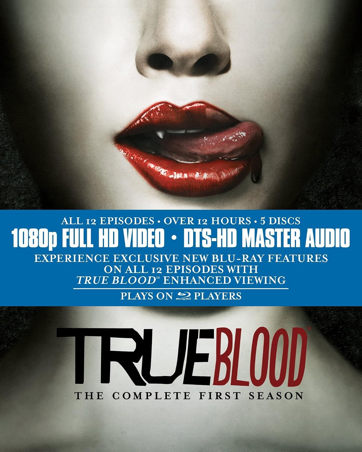True Blood season 1 complete first season Blu-ray box set cover art, featuring a close-up of a woman's face with glossy red lips, a blue information banner across the center, and the title 'TRUE BLOOD' at the bottom.