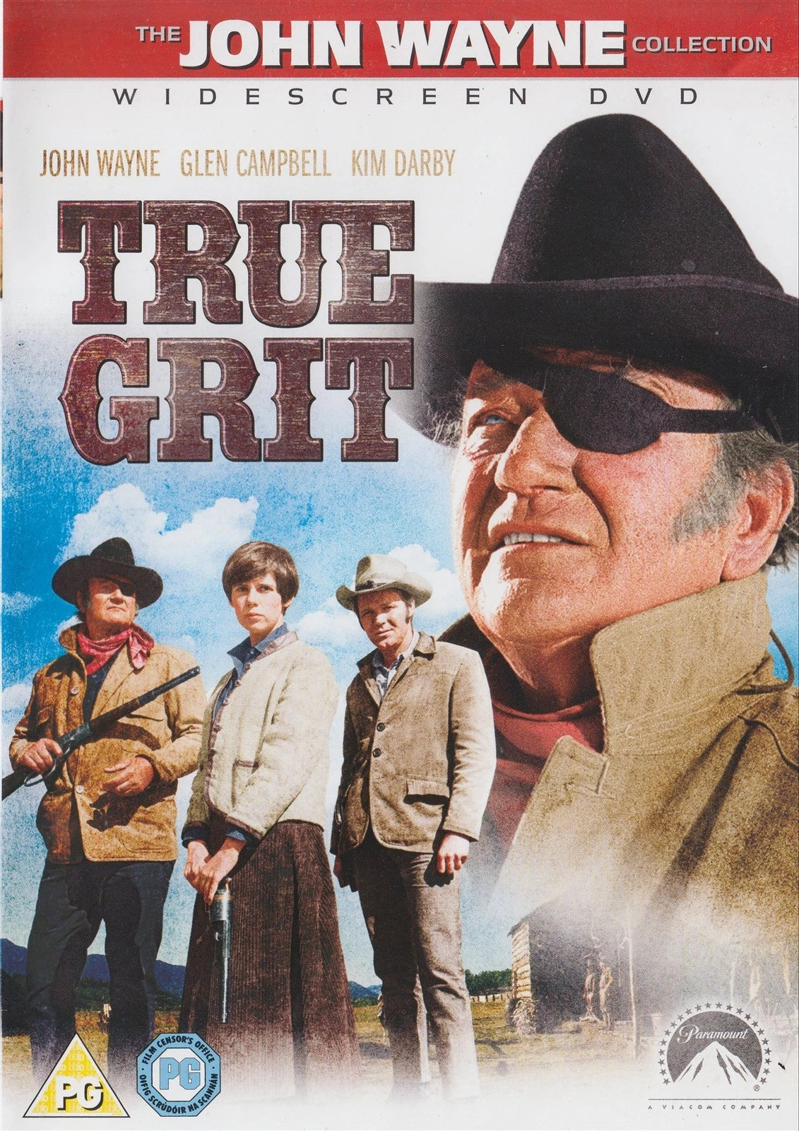 True Grit (1967) John Wayne Collection Widescreen DVD cover featuring John Wayne, Glen Campbell, and Kim Darby in western attire against a blue sky background.