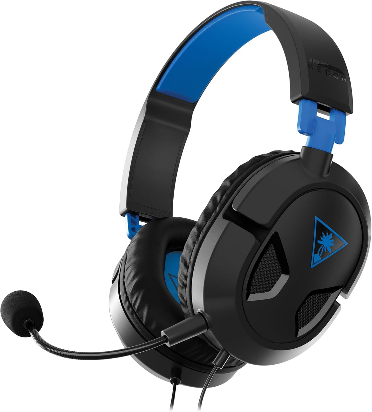 Black and blue gaming headset with microphone on a white background