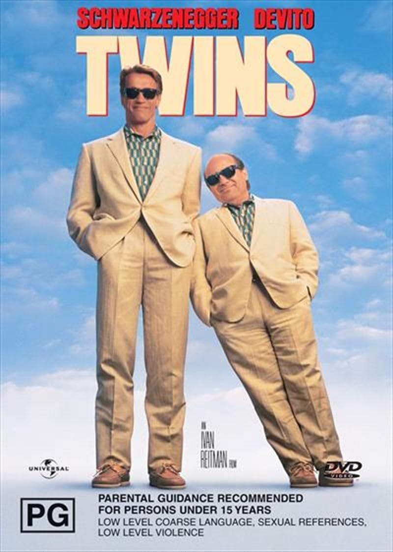 DVD cover for the movie 'Twins' starring Schwarzenegger and Devito, featuring the two actors in beige suits and sunglasses against a blue sky background with the title in large cream letters.