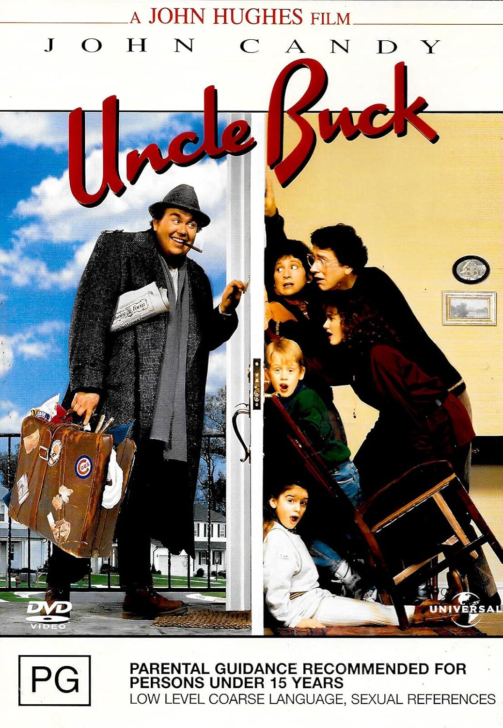 Movie poster for 'Uncle Buck' featuring a man with luggage and a family scene.