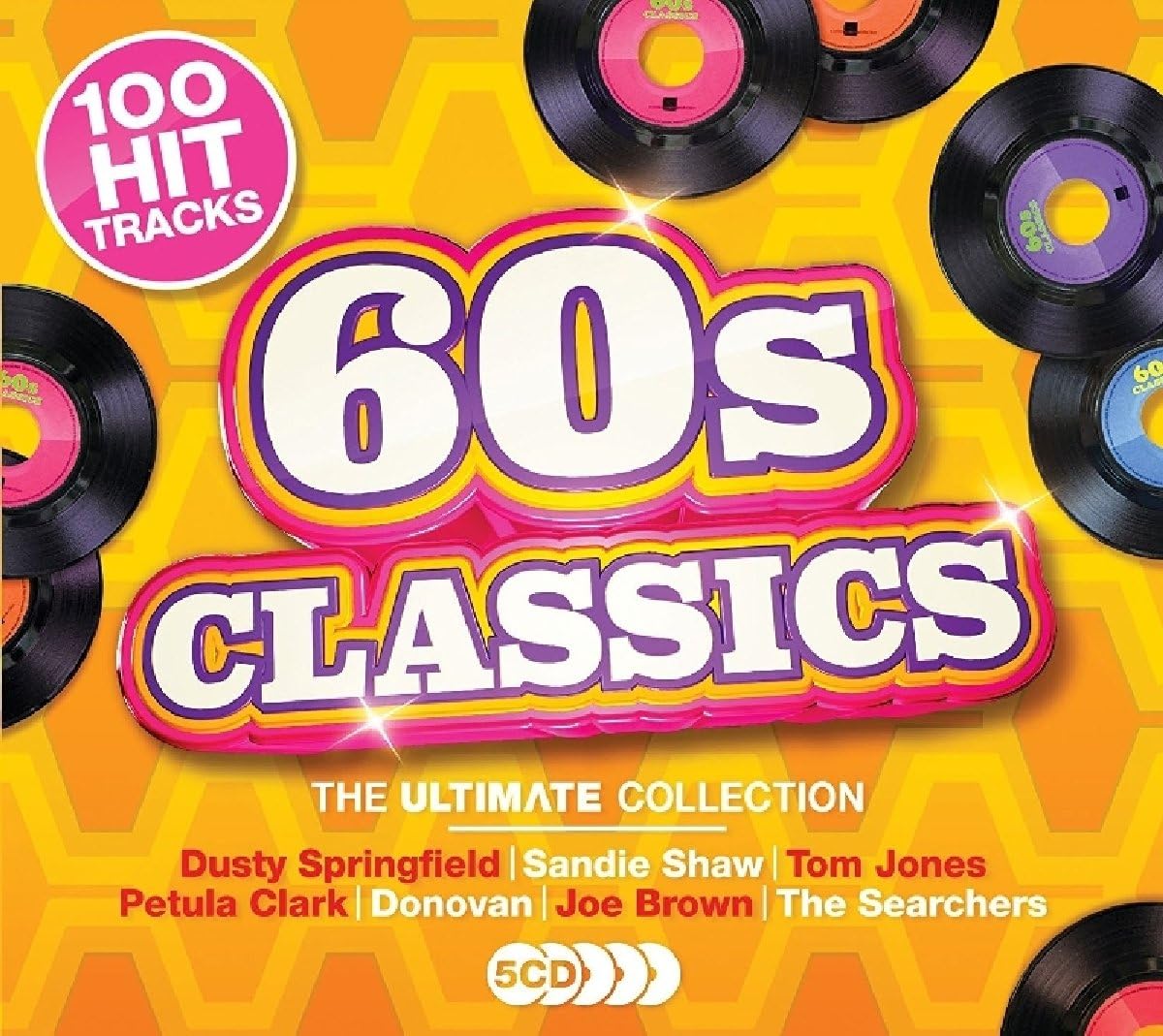 Album cover for '60s Classics' with vinyl records and text on a yellow background