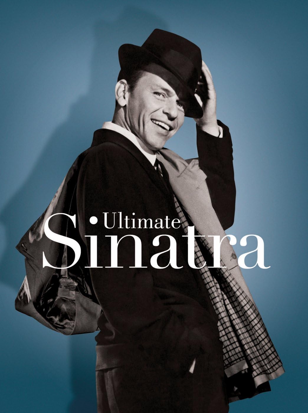 A vintage-style poster featuring flapper singer Sinatra in a black suit, hat, and patterned coat against a blue background, with the large text 'Ultimate Sinatra' overlaid across the lower center.