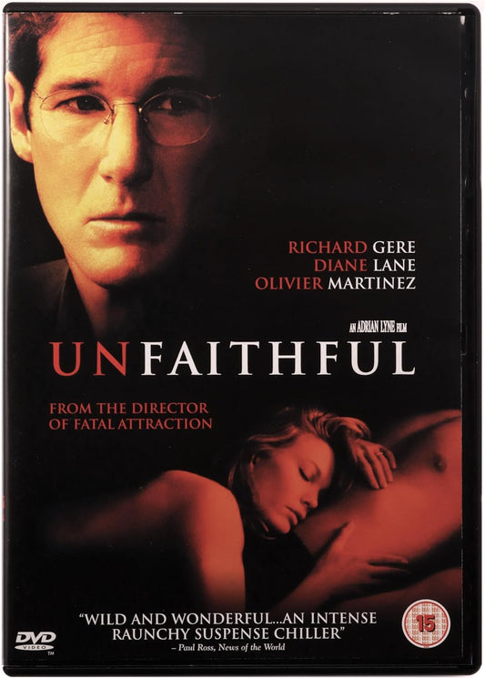 DVD cover for the film Unfaithful, featuring a close-up portrait of Richard Gere, a couple embracing, and the title in large white letters against a dark background.