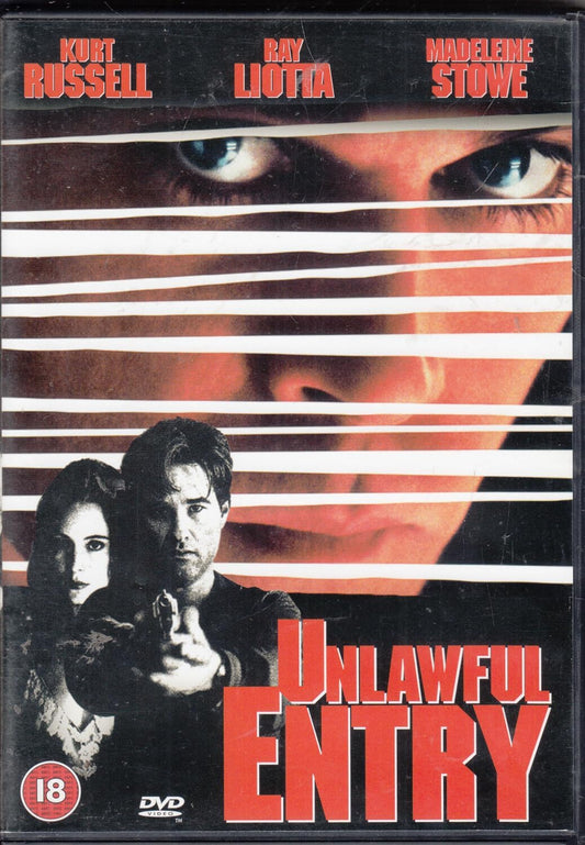 DVD cover of 'Unlawful Entry' with a stylized face and two people, featuring the title and names Kurt Russell and Ray Liotta.