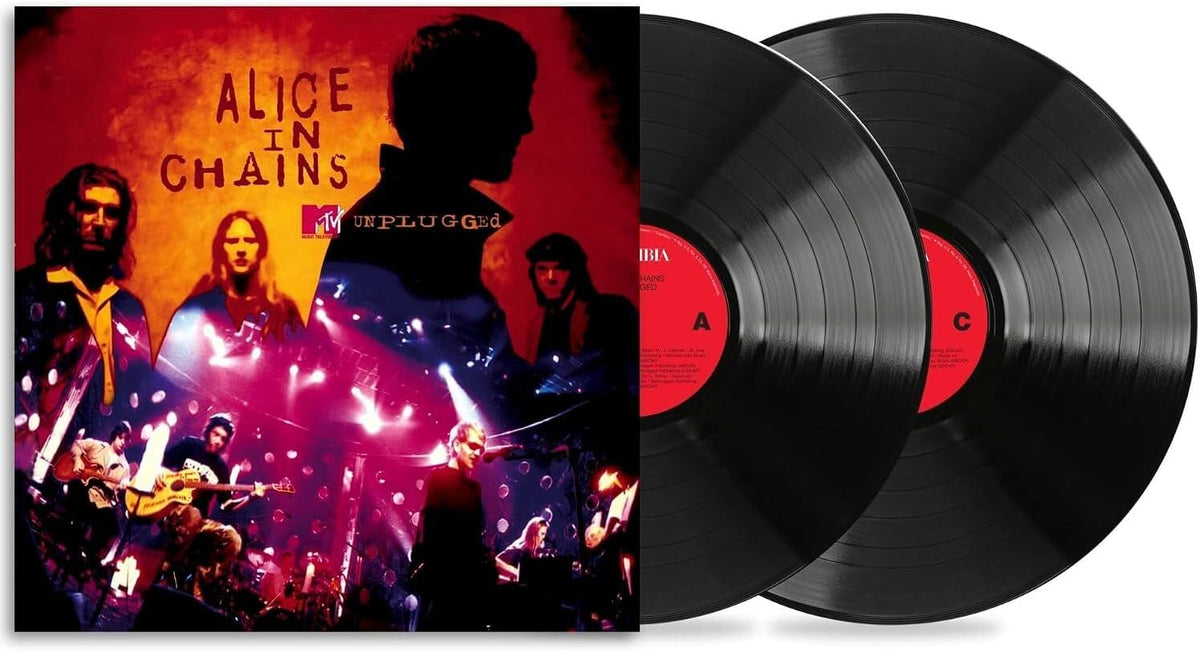 MTV Unplugged Alice in Chains vinyl record album with the illustrated album cover on the left and two black LP records partially visible on the right.