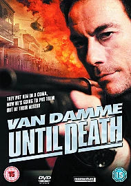 DVD cover for the movie 'Van Damme Until Death', featuring a close-up of Tom Cruise on the right and an explosion scene on the left, with the title in large white letters and a DVD logo at the bottom.