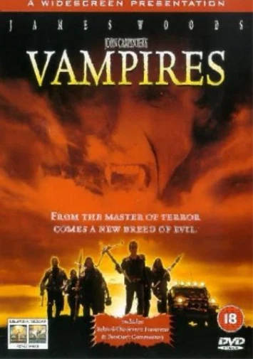 DVD cover of 'Vampires' with a fiery background and text about James Woods and John Carpenter.